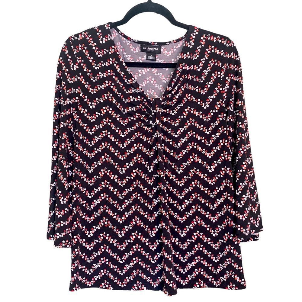 Liz Claiborne Women’s Floral V-Neck 3/4 Sleeve Contemporary Blouse Size Small